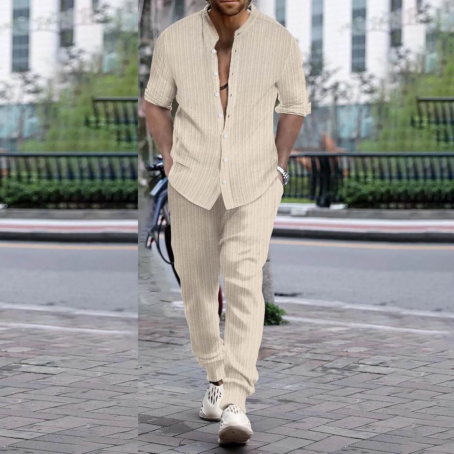 Men Casual Outfits Long Sleeve Button Shirt & Pull On Tapered Trousers Set Spring and Summer Lightweight Solid Versatile Suit