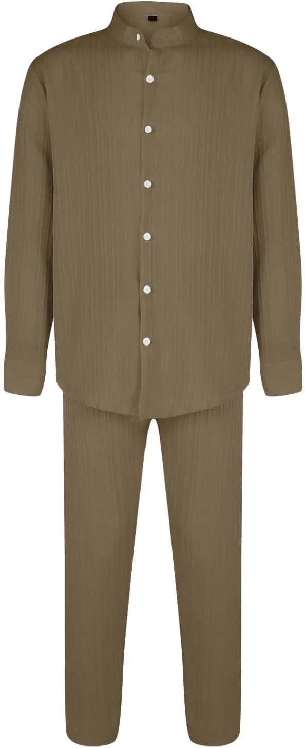 Men Casual Outfits Long Sleeve Button Shirt & Pull On Tapered Trousers Set Spring and Summer Lightweight Solid Versatile Suit