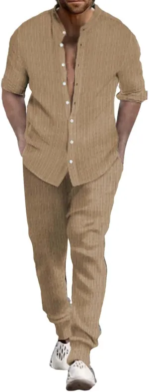 Men Casual Outfits Long Sleeve Button Shirt & Pull On Tapered Trousers Set Spring and Summer Lightweight Solid Versatile Suit