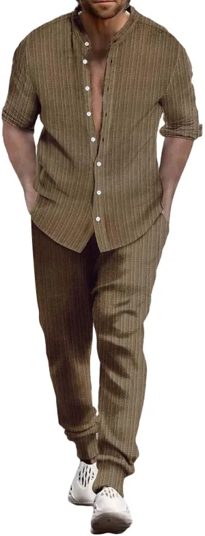 Men Casual Outfits Long Sleeve Button Shirt & Pull On Tapered Trousers Set Spring and Summer Lightweight Solid Versatile Suit