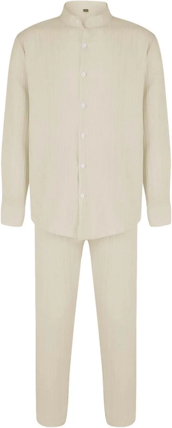 Men Casual Outfits Long Sleeve Button Shirt & Pull On Tapered Trousers Set Spring and Summer Lightweight Solid Versatile Suit
