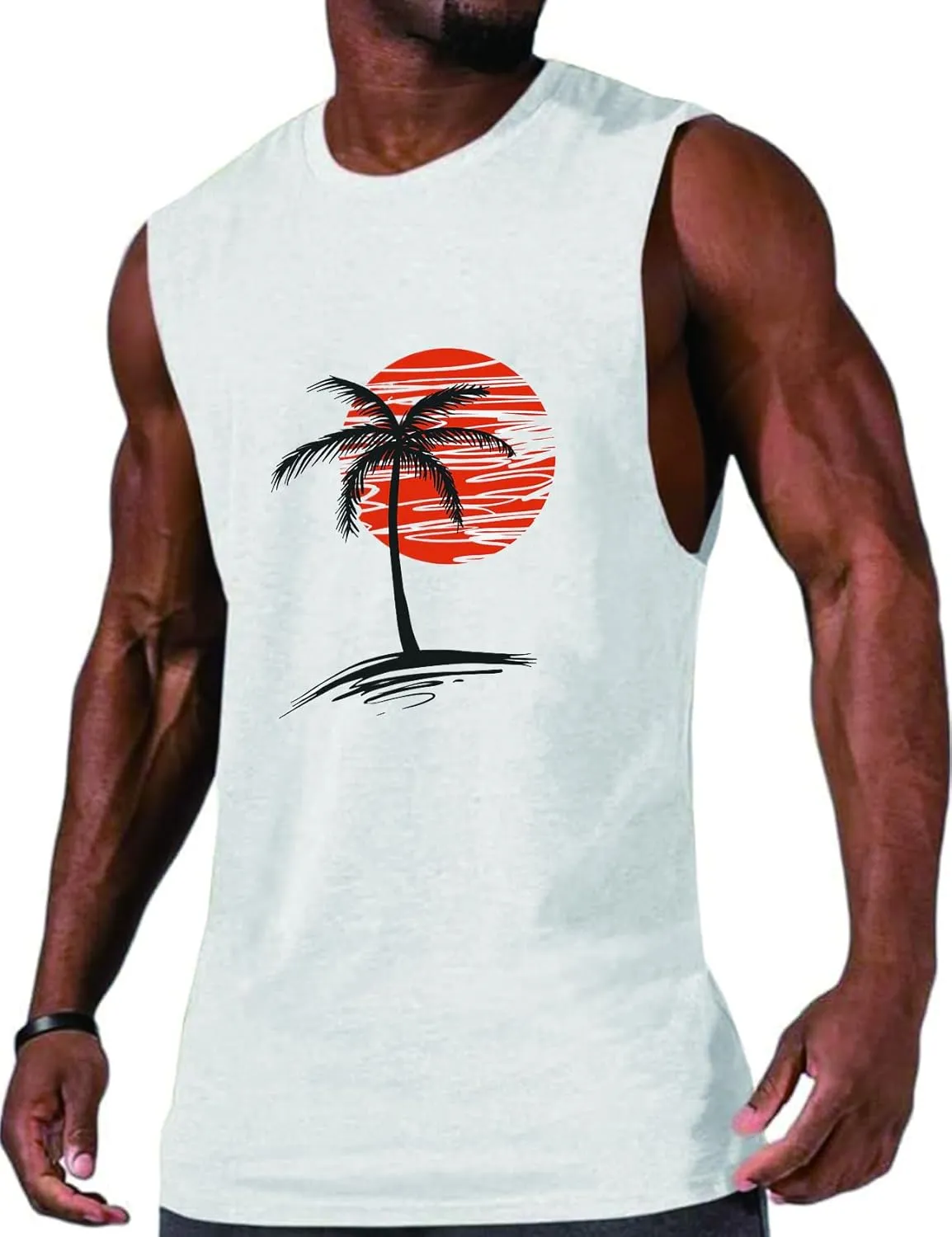 Men Summer Beach Tank Tops Hawaiian Palm Tree Sleeveless Shirts T Shirt Graphic Muscle Gym Vacation Tee Top