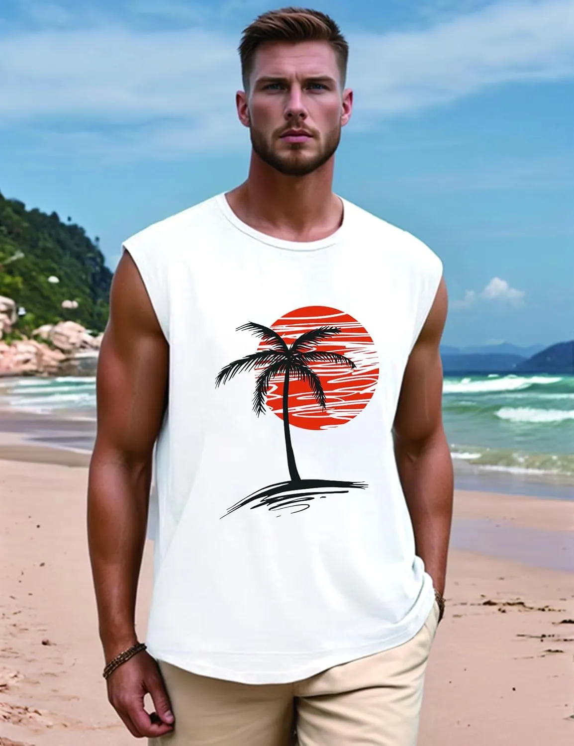 Men Summer Beach Tank Tops Hawaiian Palm Tree Sleeveless Shirts T Shirt Graphic Muscle Gym Vacation Tee Top