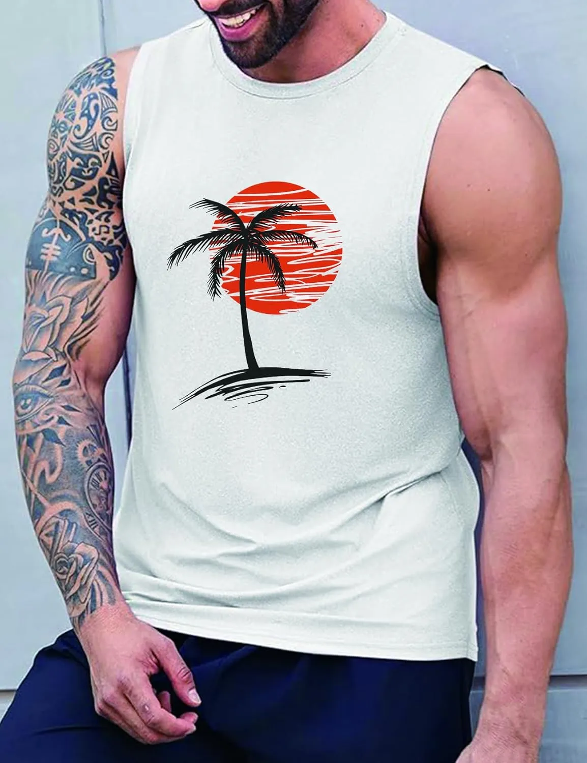 Men Summer Beach Tank Tops Hawaiian Palm Tree Sleeveless Shirts T Shirt Graphic Muscle Gym Vacation Tee Top