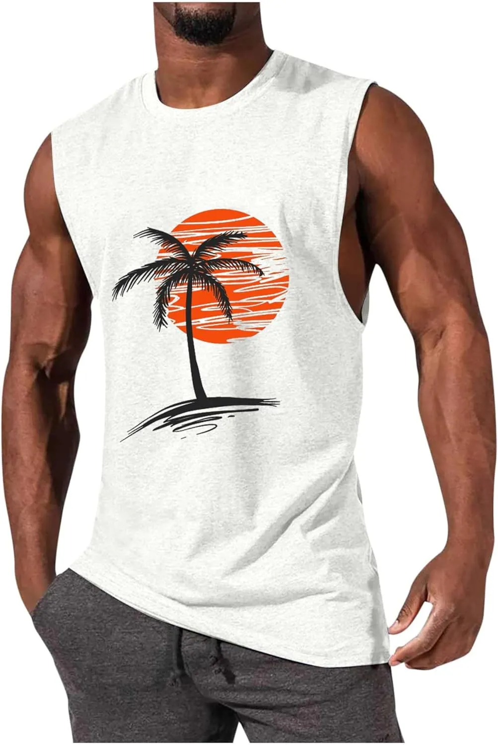 Men Summer Beach Tank Tops Hawaiian Palm Tree Sleeveless Shirts T Shirt Graphic Muscle Gym Vacation Tee Top