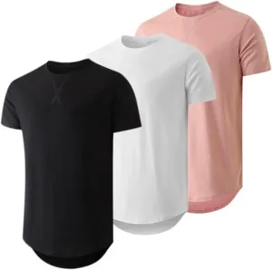 Mens 3 Pack Crewneck T-Shirts Short Sleeve Hipster Hip Hop Longline Classic Tee Tops