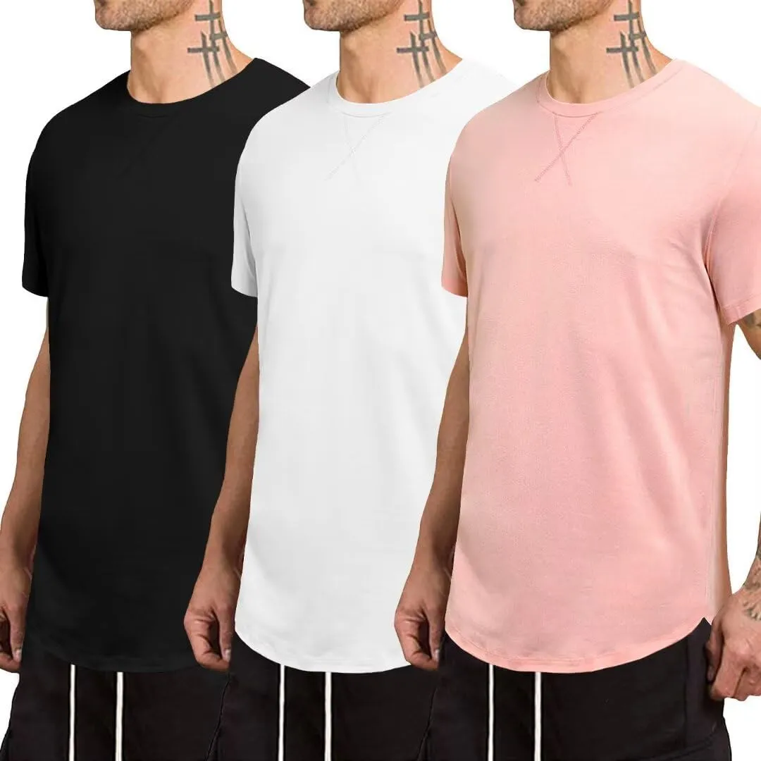 Mens 3 Pack Crewneck T-Shirts Short Sleeve Hipster Hip Hop Longline Classic Tee Tops