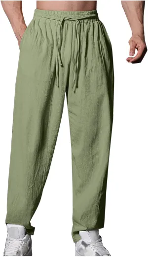 Mens Casual Linen Pants Loose Fit Drawstring Beach Pants with Pockets Lightweight Summer Clothes for Vacation