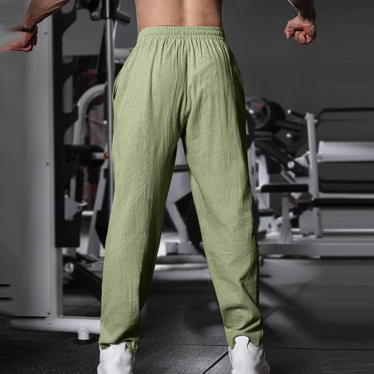 Mens Casual Linen Pants Loose Fit Drawstring Beach Pants with Pockets Lightweight Summer Clothes for Vacation