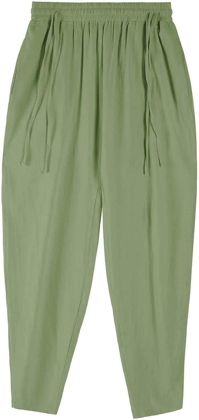 Mens Casual Linen Pants Loose Fit Drawstring Beach Pants with Pockets Lightweight Summer Clothes for Vacation
