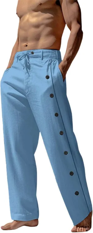 Mens Casual Long Pants Side Button Down Design Straight Leg Summer Lightweight Trousers Outdoor Hiking Traveling Combat Pants