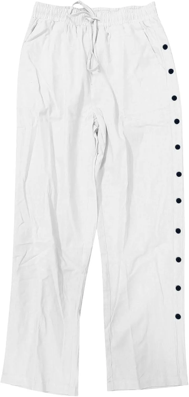 Mens Casual Long Pants Side Button Down Design Straight Leg Summer Lightweight Trousers Outdoor Hiking Traveling Combat Pants