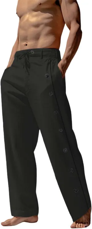 Mens Casual Long Pants Side Button Down Design Straight Leg Summer Lightweight Trousers Outdoor Hiking Traveling Combat Pants
