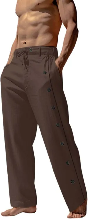 Mens Casual Long Pants Side Button Down Design Straight Leg Summer Lightweight Trousers Outdoor Hiking Traveling Combat Pants