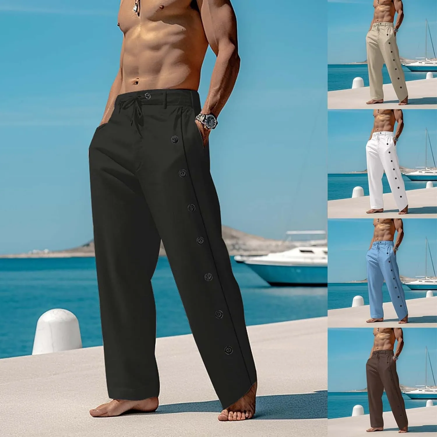 Mens Casual Long Pants Side Button Down Design Straight Leg Summer Lightweight Trousers Outdoor Hiking Traveling Combat Pants