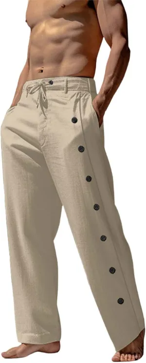 Mens Casual Long Pants Side Button Down Design Straight Leg Summer Lightweight Trousers Outdoor Hiking Traveling Combat Pants