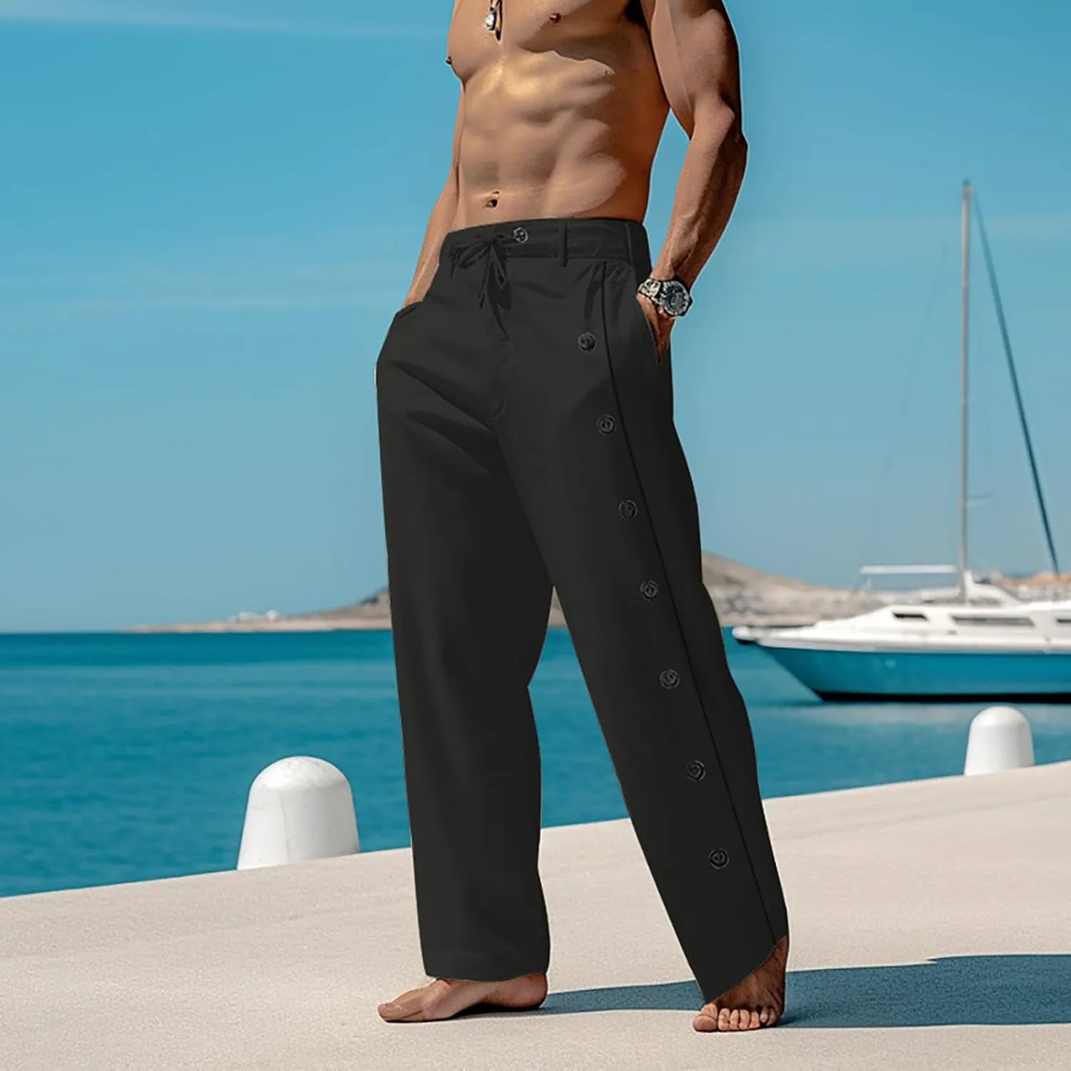 Mens Casual Long Pants Side Button Down Design Straight Leg Summer Lightweight Trousers Outdoor Hiking Traveling Combat Pants