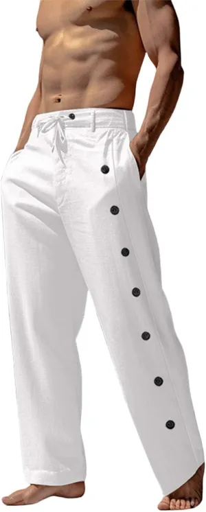 Mens Casual Long Pants Side Button Down Design Straight Leg Summer Lightweight Trousers Outdoor Hiking Traveling Combat Pants