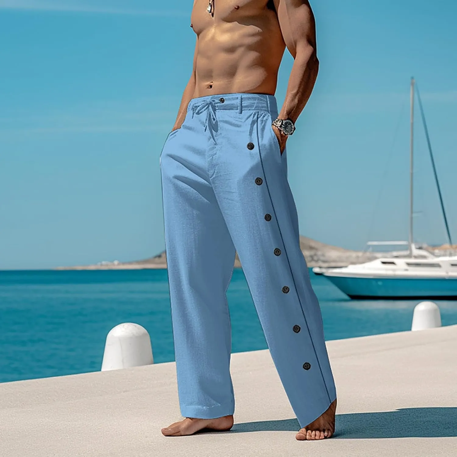 Mens Casual Long Pants Side Button Down Design Straight Leg Summer Lightweight Trousers Outdoor Hiking Traveling Combat Pants