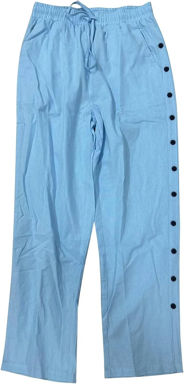 Mens Casual Long Pants Side Button Down Design Straight Leg Summer Lightweight Trousers Outdoor Hiking Traveling Combat Pants