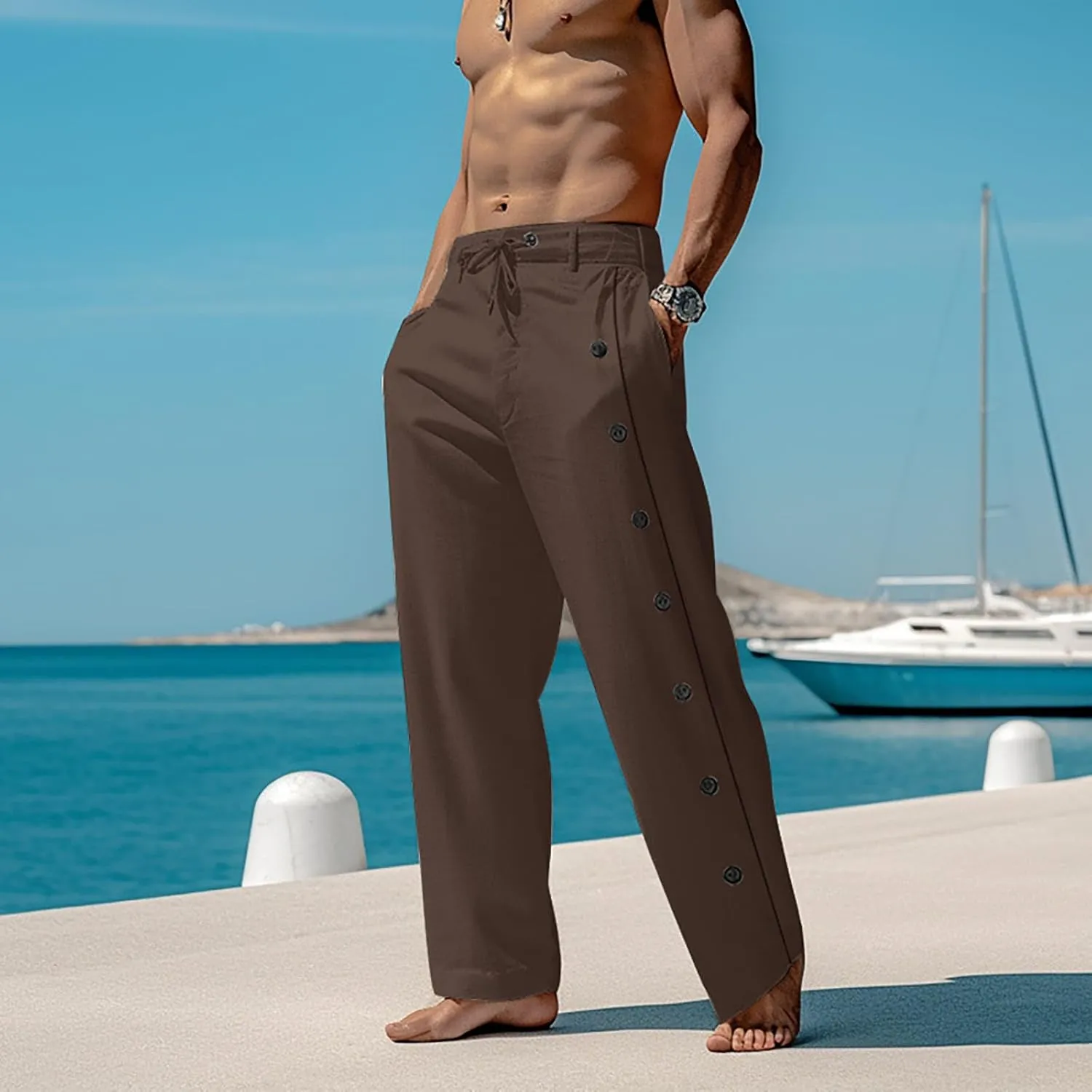 Mens Casual Long Pants Side Button Down Design Straight Leg Summer Lightweight Trousers Outdoor Hiking Traveling Combat Pants