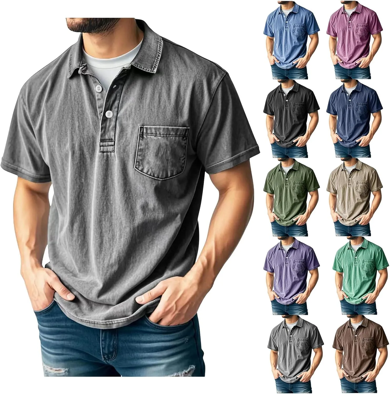 Men's Casual Polo Shirts Short Sleeve Classic Button Distressed Washed T-Shirt Summer Stylish Retro Golf Basic Tees