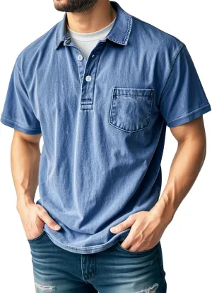Men's Casual Polo Shirts Short Sleeve Classic Button Distressed Washed T-Shirt Summer Stylish Retro Golf Basic Tees