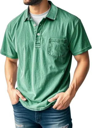 Men's Casual Polo Shirts Short Sleeve Classic Button Distressed Washed T-Shirt Summer Stylish Retro Golf Basic Tees