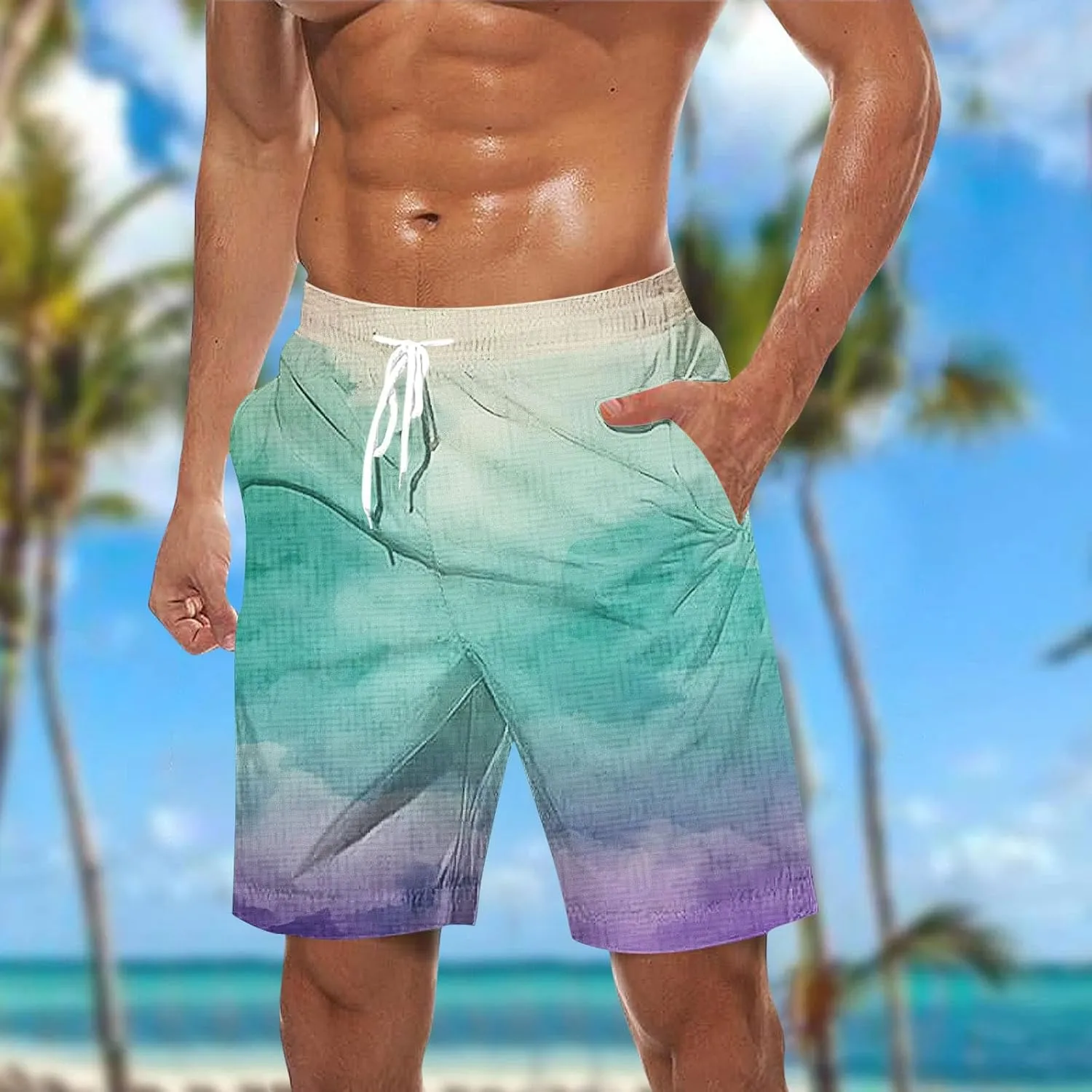 Mens Casual Shorts Gradient Color Fashion Elastic Waist Drawstring Shorts Summer Beach Vocation Shorts with Pockets