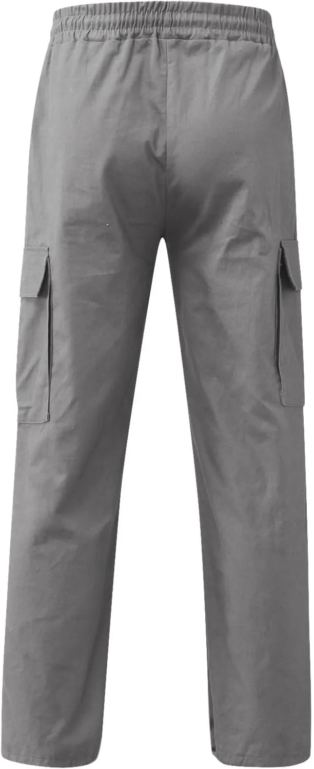 Men's Causal Cargo Pants Solid Color Multi Pockets Straight Leg Trousers Loose Fit Hiking Joggers Sport Pants
