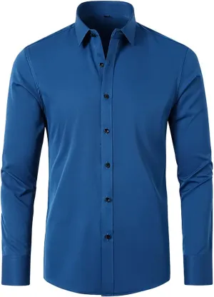 Men's Classic Business Dress Shirt Long Sleeve Solid Spread Collar Wrinkle Resistant Formal Attire Slim Fit Office Work Top