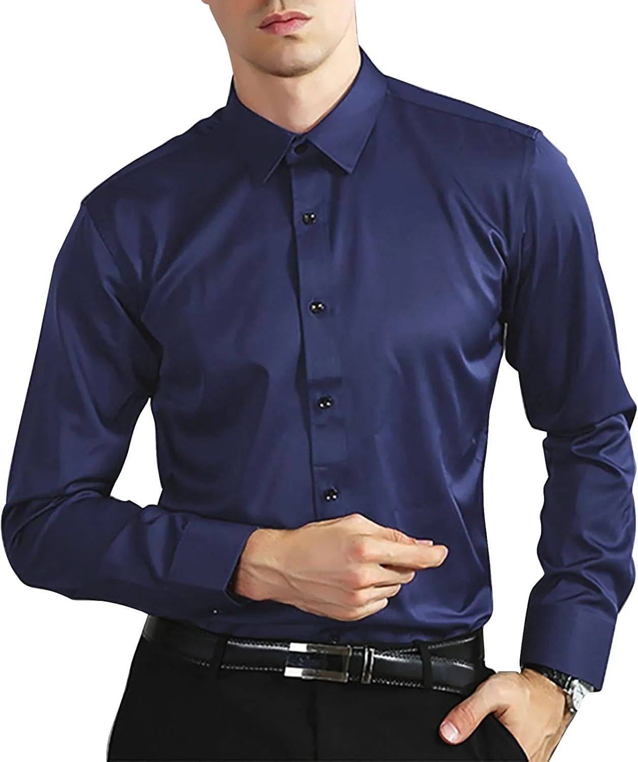 Men's Classic Business Dress Shirt Long Sleeve Solid Spread Collar Wrinkle Resistant Formal Attire Slim Fit Office Work Top