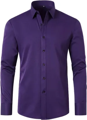 Men's Classic Business Dress Shirt Long Sleeve Solid Spread Collar Wrinkle Resistant Formal Attire Slim Fit Office Work Top