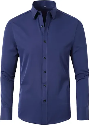 Men's Classic Business Dress Shirt Long Sleeve Solid Spread Collar Wrinkle Resistant Formal Attire Slim Fit Office Work Top