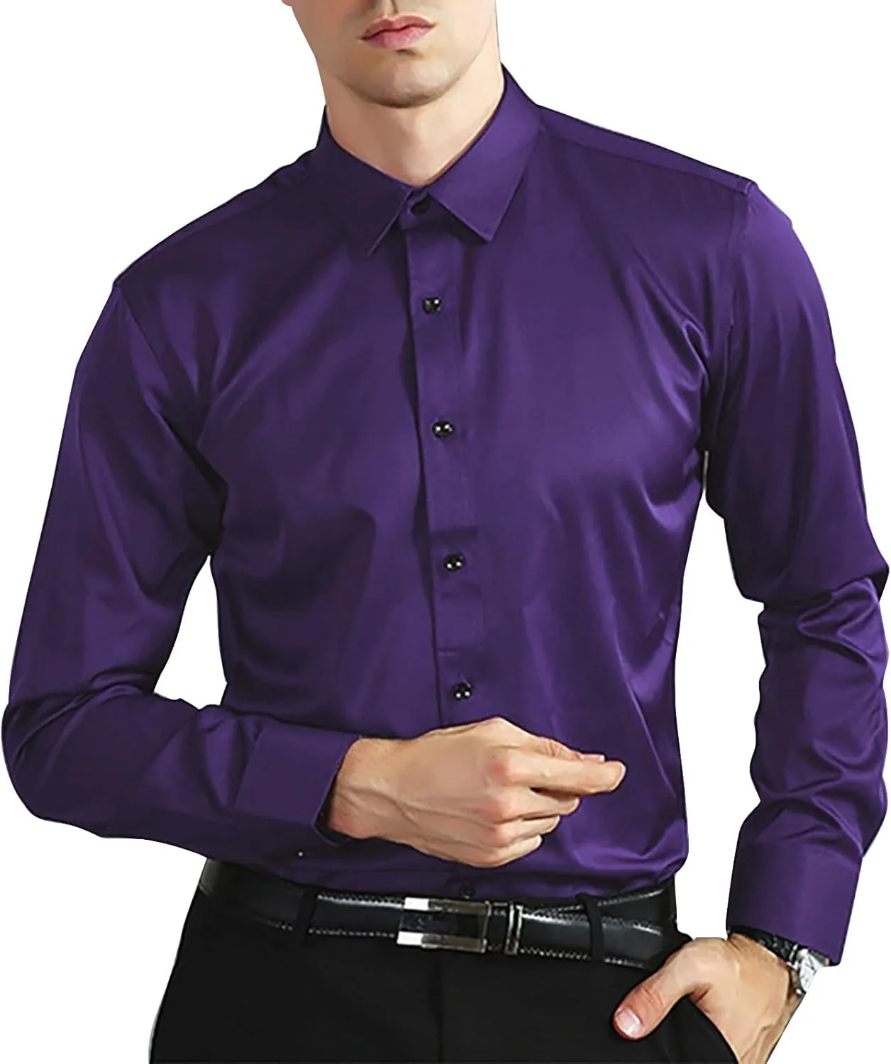 Men's Classic Business Dress Shirt Long Sleeve Solid Spread Collar Wrinkle Resistant Formal Attire Slim Fit Office Work Top