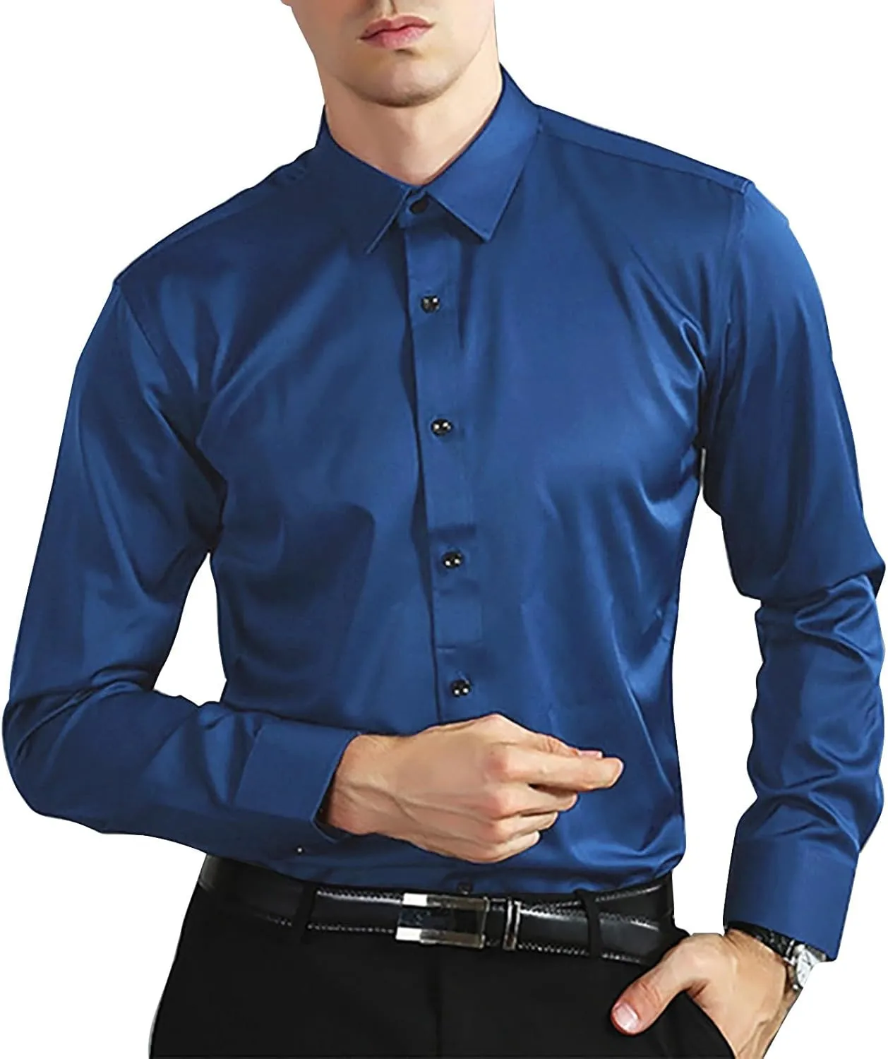 Men's Classic Business Dress Shirt Long Sleeve Solid Spread Collar Wrinkle Resistant Formal Attire Slim Fit Office Work Top