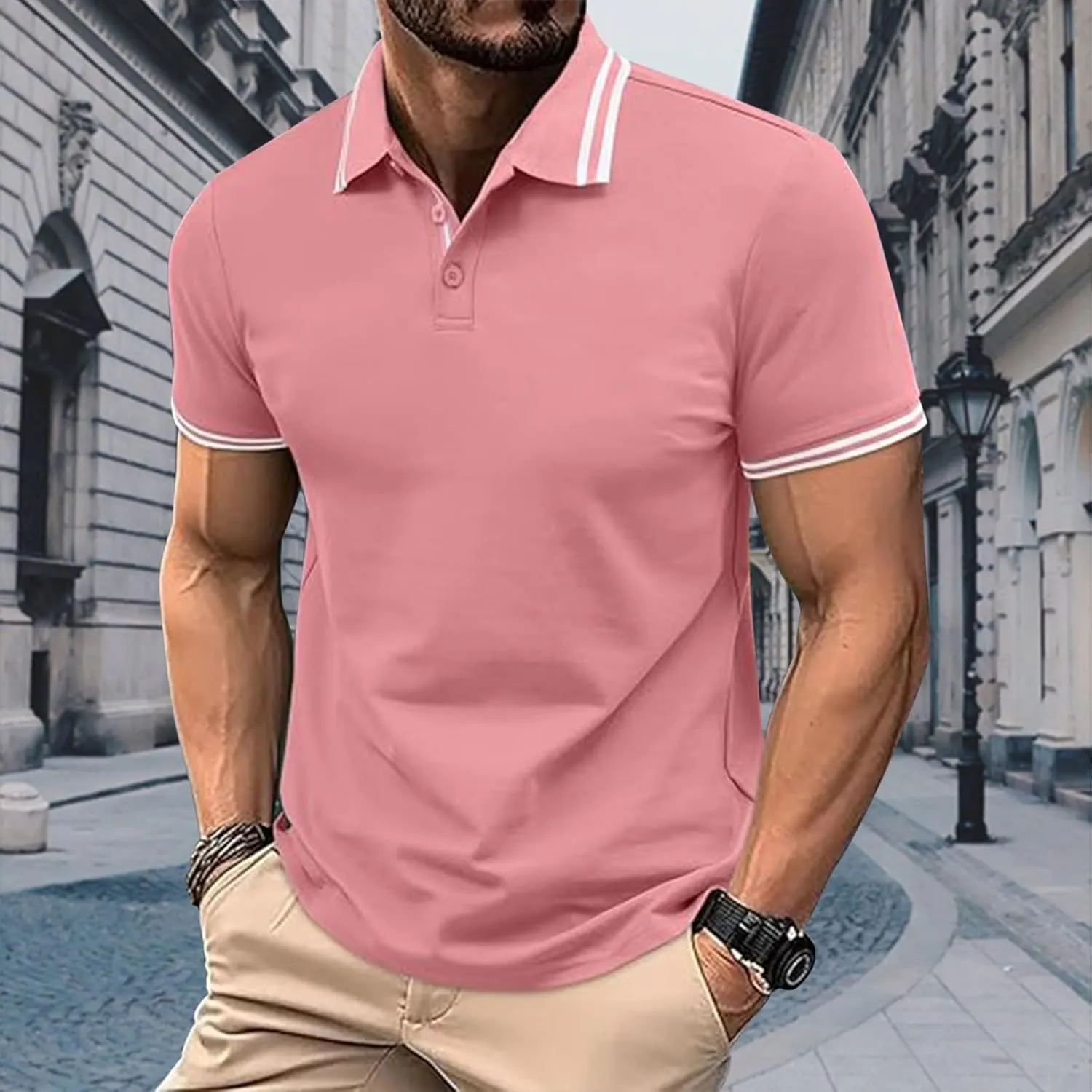 Mens Classic Fit Short Sleeve Polo Shirts Button up Going Out Exercise Holiday T-Shirts Casual Workout Fitness Tops