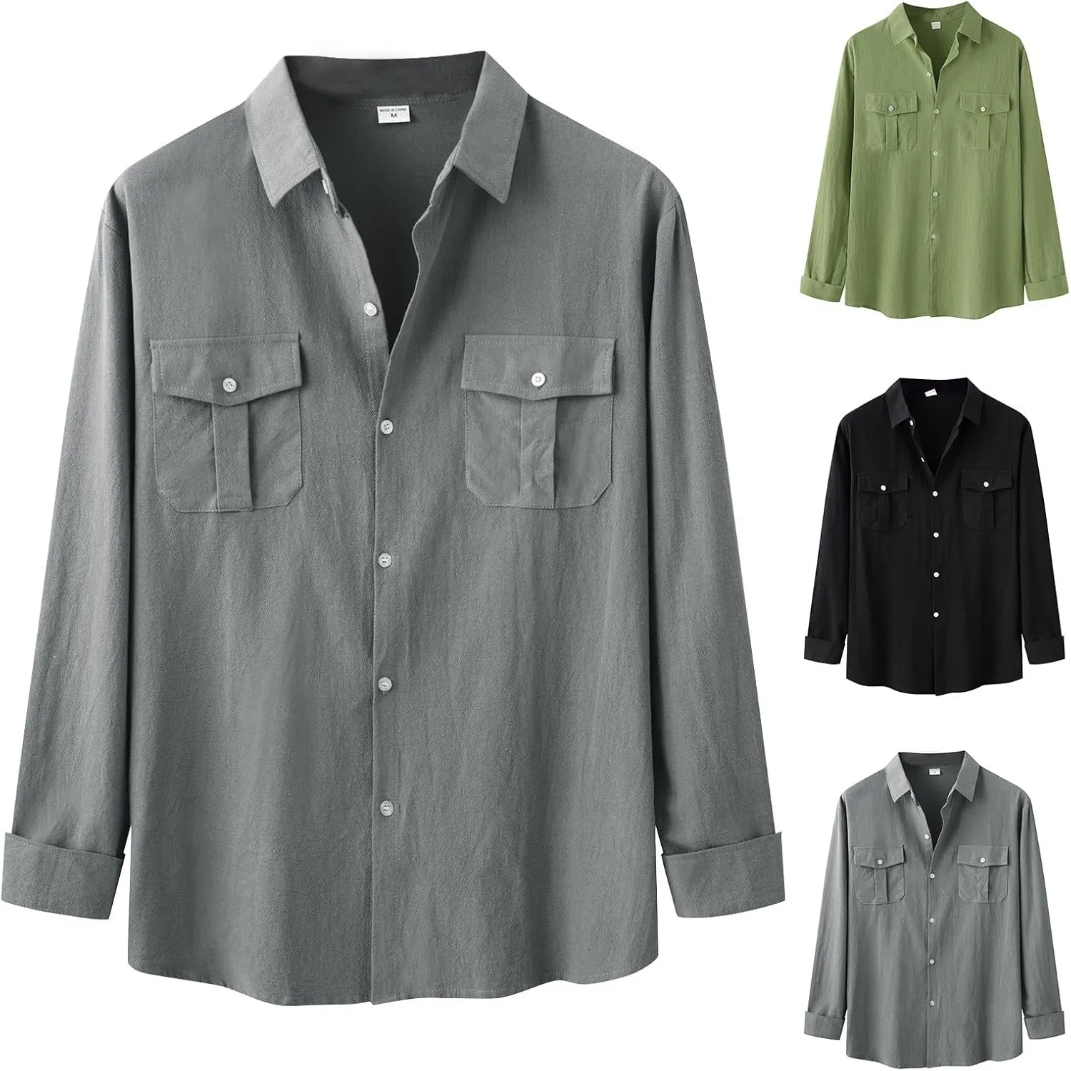 Men's Classic Linen Shirts Casual Button Down Long Sleeve Beach Wedding Vacation Summer Textured Shirt with Pocket