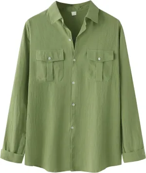 Men's Classic Linen Shirts Casual Button Down Long Sleeve Beach Wedding Vacation Summer Textured Shirt with Pocket