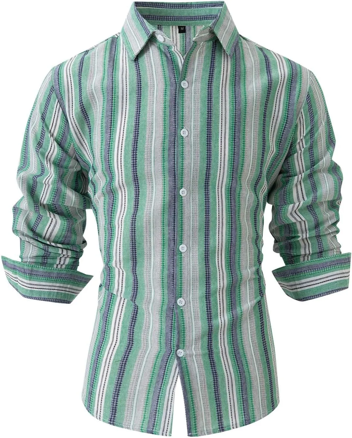 Men's Classic Style Casual Long Sleeve Button Down Turndown Collared Shirt Vintage Stripe Printed Lightweight Tops