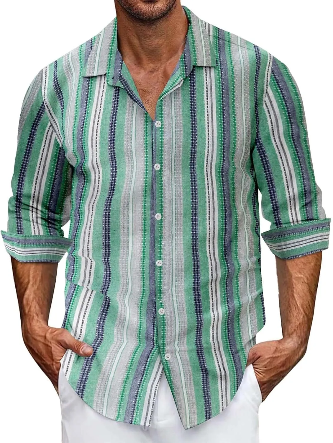 Men's Classic Style Casual Long Sleeve Button Down Turndown Collared Shirt Vintage Stripe Printed Lightweight Tops