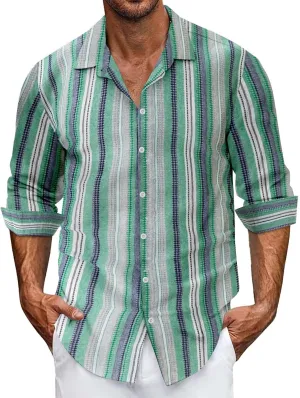 Men's Classic Style Casual Long Sleeve Button Down Turndown Collared Shirt Vintage Stripe Printed Lightweight Tops