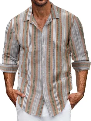 Men's Classic Style Casual Long Sleeve Button Down Turndown Collared Shirt Vintage Stripe Printed Lightweight Tops