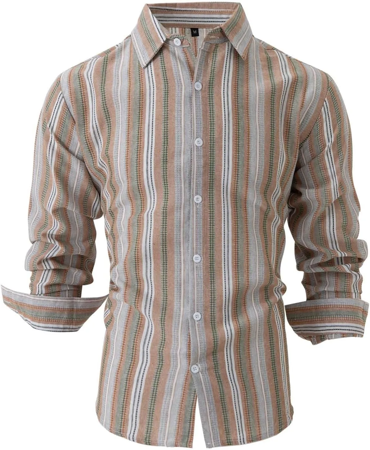 Men's Classic Style Casual Long Sleeve Button Down Turndown Collared Shirt Vintage Stripe Printed Lightweight Tops