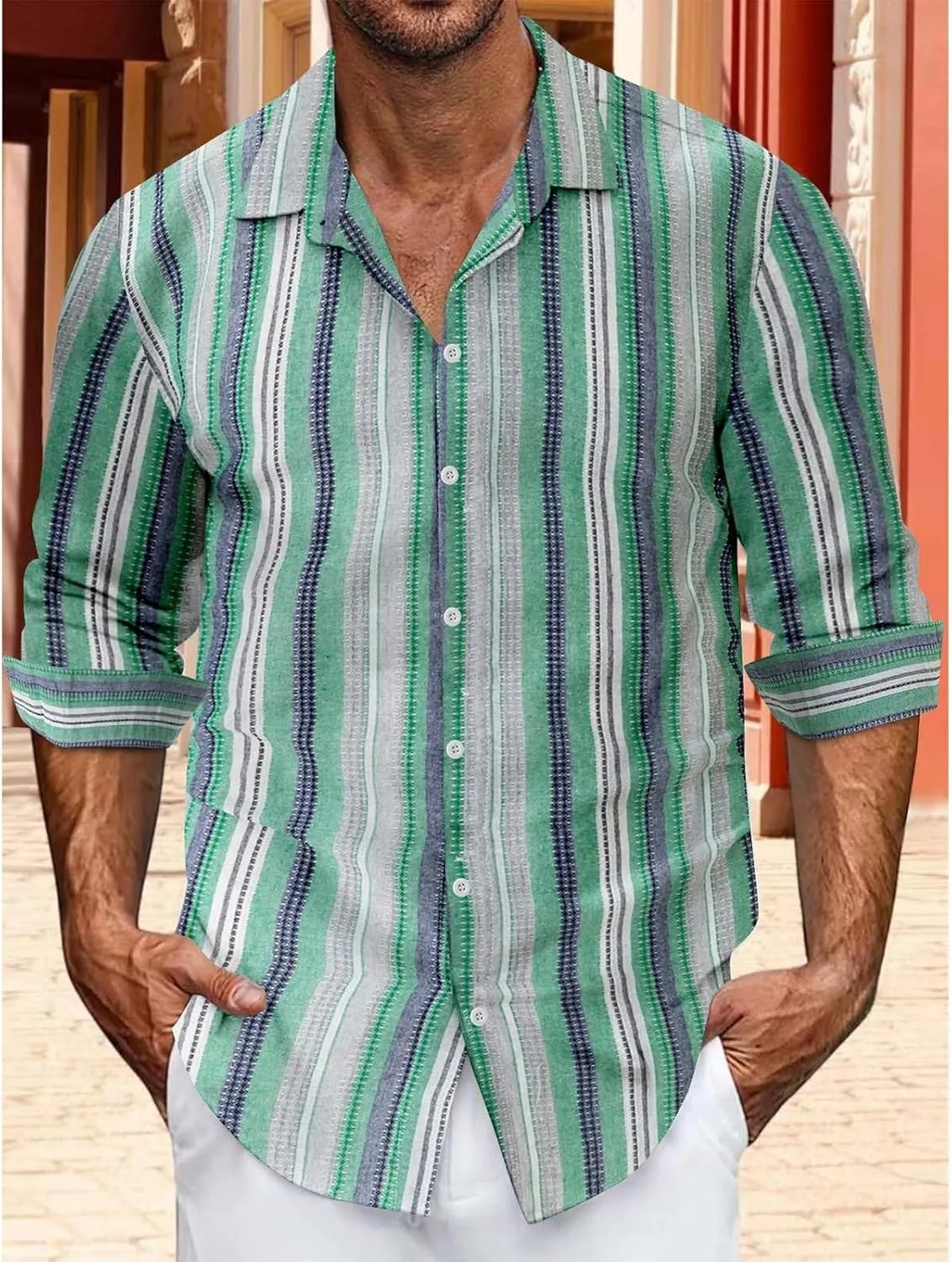 Men's Classic Style Casual Long Sleeve Button Down Turndown Collared Shirt Vintage Stripe Printed Lightweight Tops