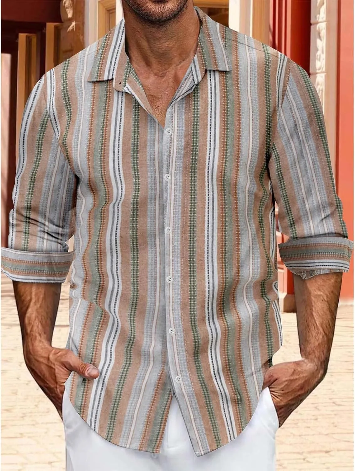 Men's Classic Style Casual Long Sleeve Button Down Turndown Collared Shirt Vintage Stripe Printed Lightweight Tops