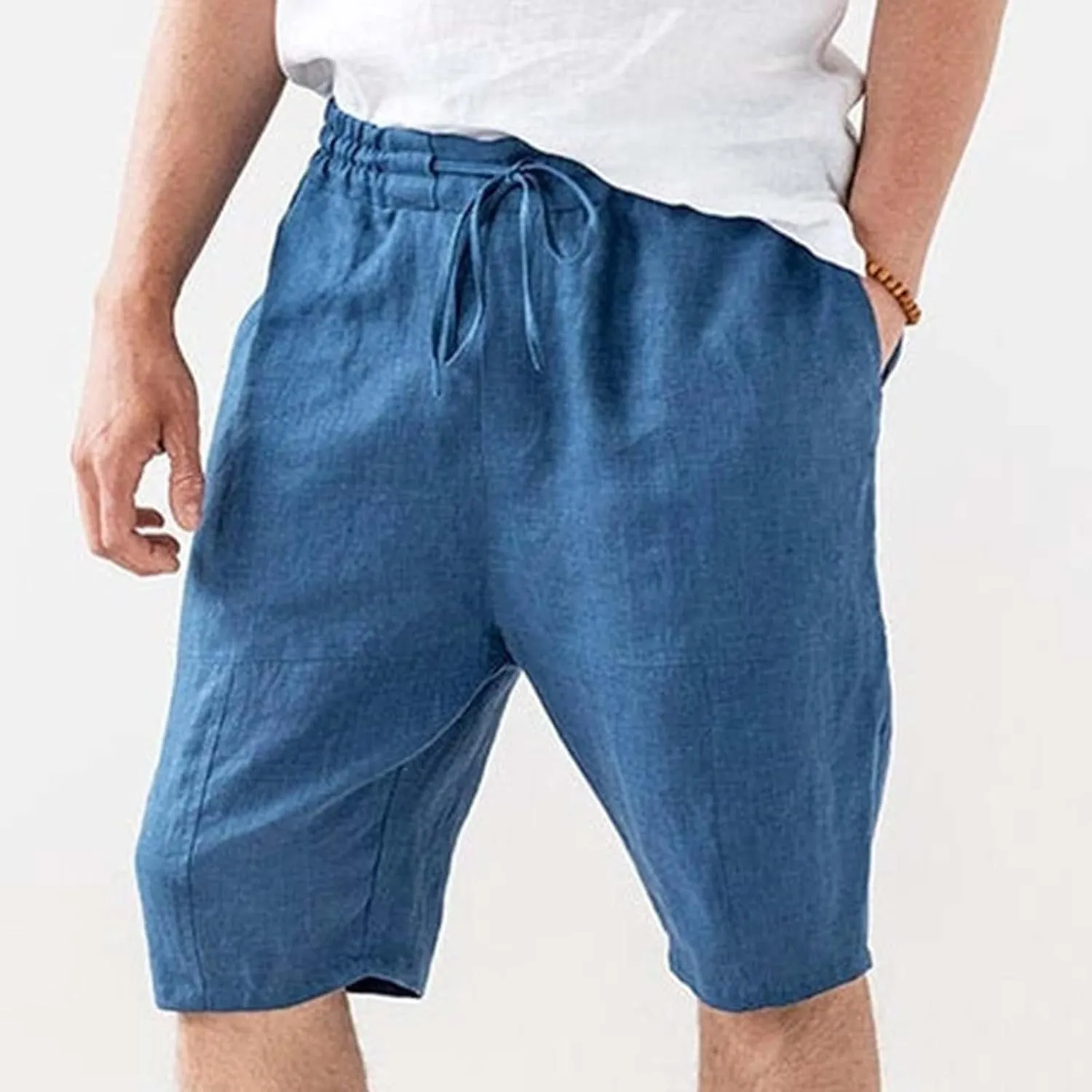 Mens Cotton and Linen Shorts Elastic Drawstring Solid Color Plus Size Casual Loose Pants Lightweight Breathable Beach Capris