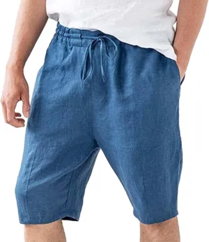 Mens Cotton and Linen Shorts Elastic Drawstring Solid Color Plus Size Casual Loose Pants Lightweight Breathable Beach Capris