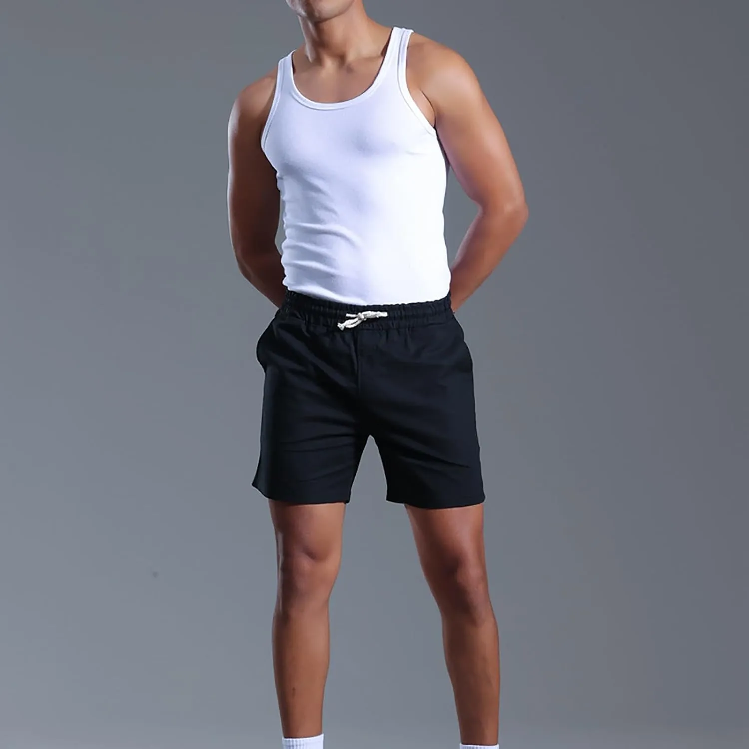 Mens Cotton Linen Classic 7 Inch Shorts with Pockets Elastic Waist Drawstring Athletic Fit Lightweight Running Short for Men