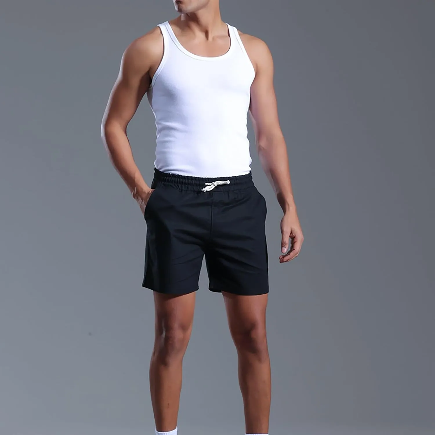 Mens Cotton Linen Classic 7 Inch Shorts with Pockets Elastic Waist Drawstring Athletic Fit Lightweight Running Short for Men
